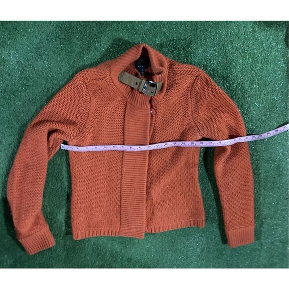 Womens Gorgeous Burnt Orange Sweater SZ Petite Leather Collared Cardigan - Picture 9 of 16